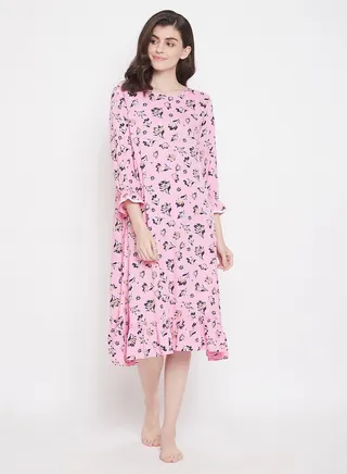 Clovia Pretty Florals Mid Length Night Dress In Baby Pink - Cotton Rich 