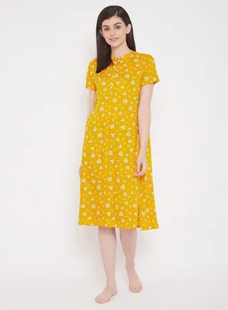 Clovia Pretty Florals Mid Length Nightdress With Side Slits In Yellow - Rayon 