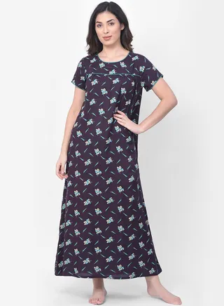 Clovia Leaf Print Long Nighty In Navy - Rayon 