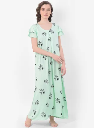 Clovia Leaf Print Long Nighty in Light Green - Rayon 