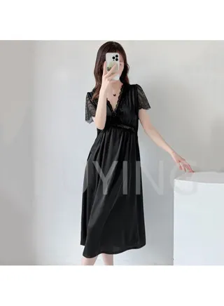 Ice Silk Nightgown Women's Summer Long Knee Drop Two Piece Set French Court Style 