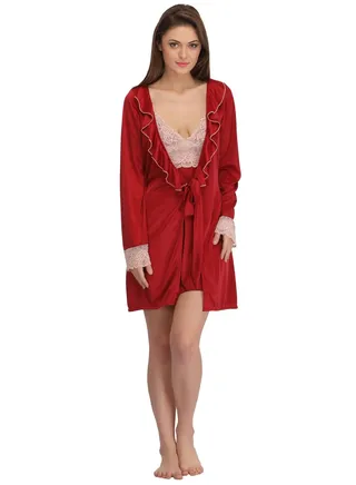 Clovia Short Night Dress and Full Sleeves Robe Set in Maroon- Satin 