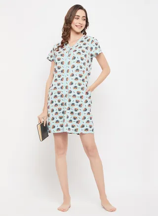 Clovia Dog Print Button Down Short Night Dress In Powder Blue - 100% Cotton 