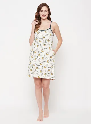 Clovia Pretty Florals Short Night Dress In White - 100% Cotton 