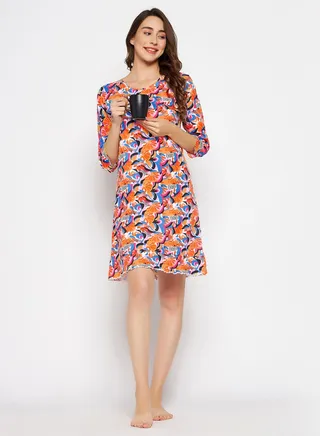 Clovia Abstract Print Short Night Dress In Multicolour - 100% Cotton 