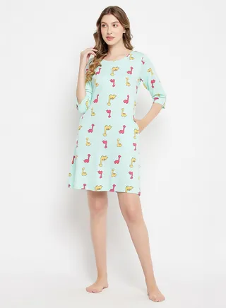 Clovia Dinosaur Print Short Night Dress In Baby Blue - 100% Cotton 