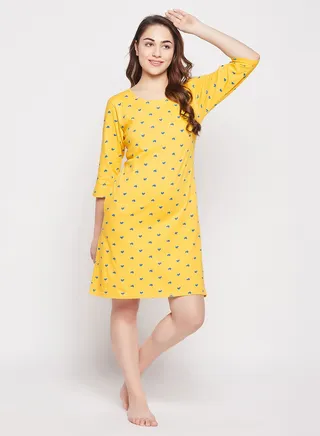 Clovia Heart Print Short Night Dress In Yellow - 100% Cotton 