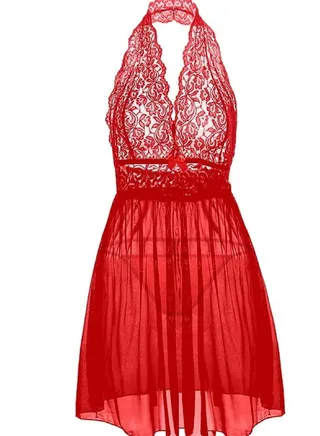 Women Large Size Babydoll Lingerie See Through Lace Embroidery Gown Dress 