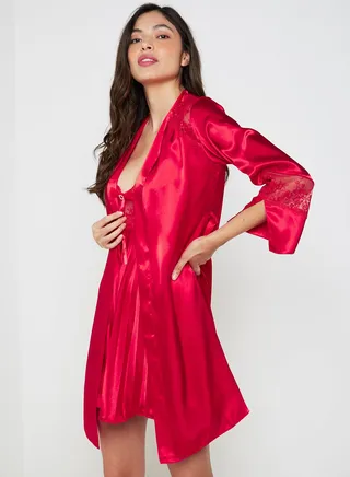 Pleated Satin Nightgown With Robe Red 