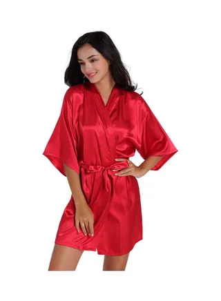Kimono Pattern Sleepwear Night Robe With Belt Red 