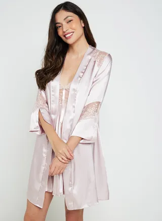 Pleated Satin Nightgown With Robe Mauve 