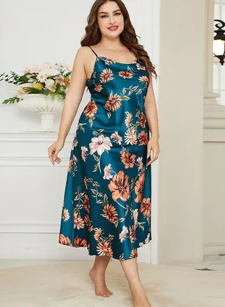 Women's Imitation Silk Floral Printed Nightgown Slip Dress With Adjustable Strap Soft Loungewear Homewear Dark Green Mix 