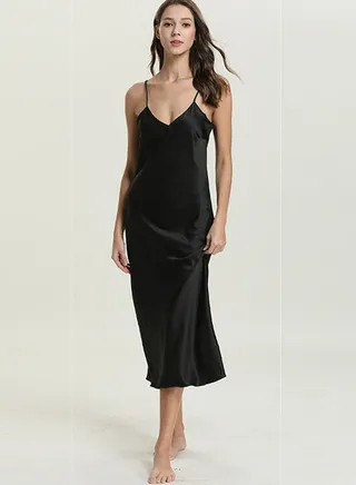 Women's Solid Color Imitation Silk Nightgown Midi Slip Dress With Adjustable Cross Strap Soft Loungewear Homewear Black 