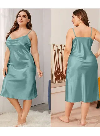Women's Comfortable Solid Color Nightgown Cowl Neck Slip Dress Soft Lingerie Midi Sleepwear With Strap Bluish-Green 