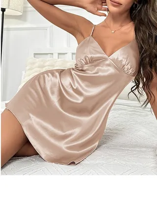 Women's Solid Color Imitation Silk V-Neck Nightgown Mini Slip Dress With Adjustable Strap Soft Loungewear Homewea Champagne 