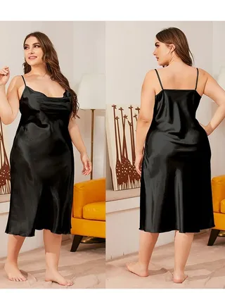 Women's Comfortable Solid Color Nightgown Cowl Neck Slip Dress Soft Lingerie Midi Sleepwear With Strap Black 