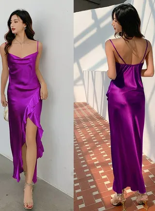 Women's Elegant Solid Color Nightgown Slip Dress With Slit Flounces Soft Loungewear Sleepwear Dress With Adjustable Strap Purple 