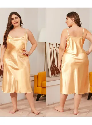 Women's Comfortable Solid Color Nightgown Cowl Neck Slip Dress Soft Lingerie Midi Sleepwear With Strap Champagne 