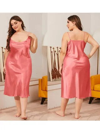 Women's Comfortable Solid Color Nightgown Cowl Neck Slip Dress Soft Lingerie Midi Sleepwear With Strap Coral Red 