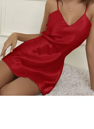 Women's Solid Color Imitation Silk Nightgown Sleepwear V-Neck Mini Slip Dress With Adjustable Straps Soft Loungewear Sleepwear Dress Red 