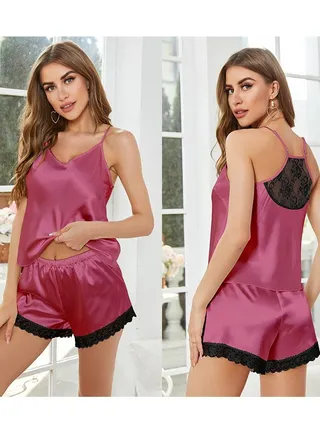 Women's Lace Stitching 2-Piece Set Nightgown Sleepwear Camisole Tops And Shorts Soft Loungewear Pajamas  Suit Pinkish Purple 