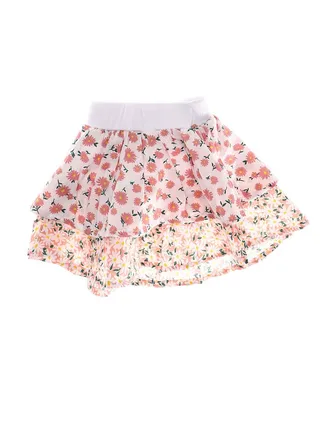 Double Floral Print Girls Layered Skirt - White & Nude 