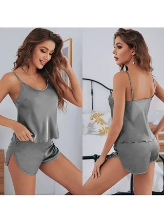 Women's Solid Color 2-Piece Set Nightgown Camisole Tops And Shorts Soft Lingerie Sleepwear Suit Grey 