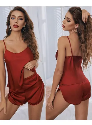 Women's Solid Color 2-Piece Set Nightgown Camisole Tops And Shorts Soft Lingerie Sleepwear Suit Wine Red 
