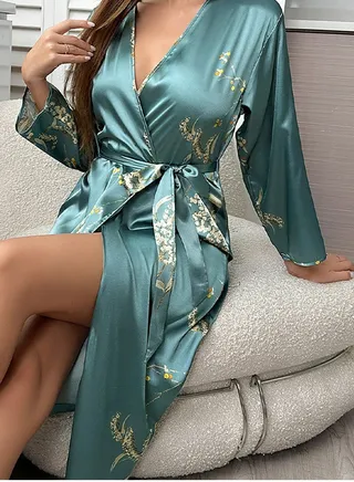 Women's Imitation Silk Printed Nightgown Soft Loungewear Sleepwear Night-Robe Dark Green Mix 