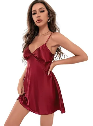 Women's Solid Color Imitation Silk V-Neck Nightgown Mini Slip Dress With Adjustable Strap Soft Loungewear Homewear Dark Red 