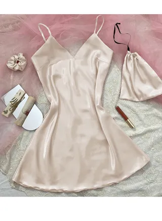 Women's Solid Color Imitation Silk 3-Piece Set Nightgown Sleepwear Slip Dress,Storage Bag,Rubber Band Soft Loungewear Pajamas Suit Khaki 