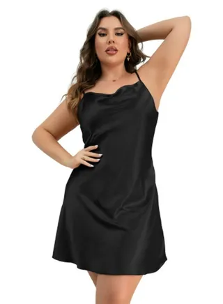 Women's Solid Color Imitation Silk Large Size Nightgown Mini Slip Dress With Adjustable Strap Soft Loungewear Homewear Black 