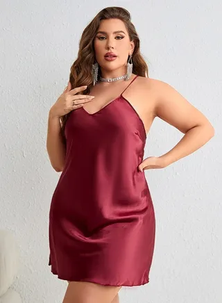 Women's Imitation Silk Large Size Solid Color Nightgown Mini Slip Dress With Adjustable Strap Soft Loungewear Homewear Dark Red 