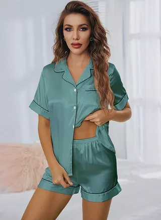 Women's Shirt Collar 2-Piece Set Nightgown Camisole Tops And Shorts Soft Lingerie Sleepwear Suit Dusty Green 