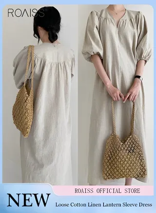 Women's Cotton And Linen Lantern Sleeved Casual Dress 1/2 Sleeve V-Neck Fashionable Loose Fitting Dress 