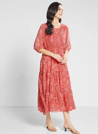 Puff Sleeve Ruched Printed jalabiya 