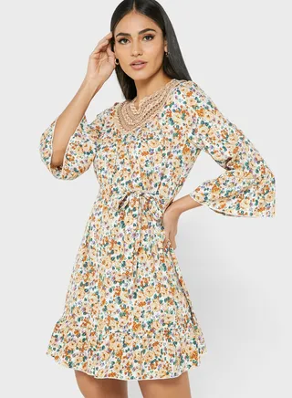 Lace Trim Neckline Cuff Sleeve
 Printed Dress 