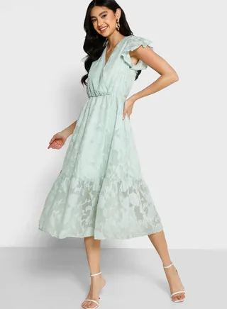Cap Sleeve Textured Detail Fit & Flare Dress 