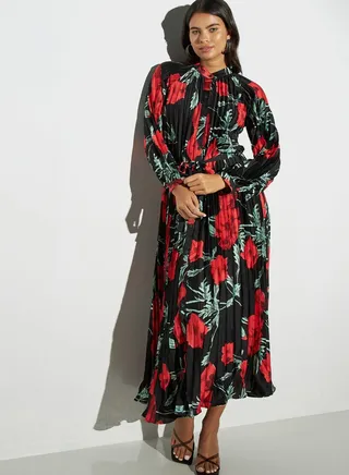 Tie Detailed Button Down Floral Plisse Dress 