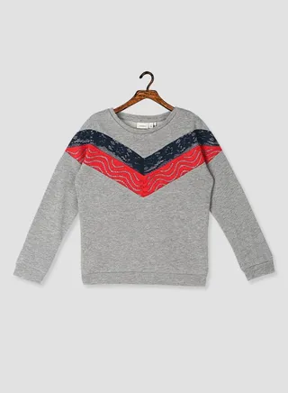 Lace Detail Round Neck Sweatshirt Grey Melange 