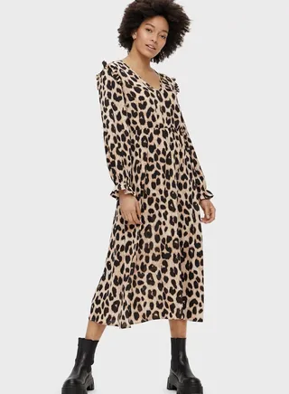 Ruffle Detail Animal Print Dress 