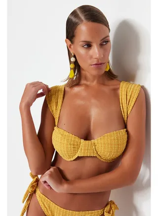 Mustard Gingham Textured Underwire Textured Bikini Top TBESS21BU0161 