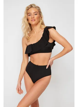 Black One Shoulder Ruffle Bikini Top TBESS21BU0039 