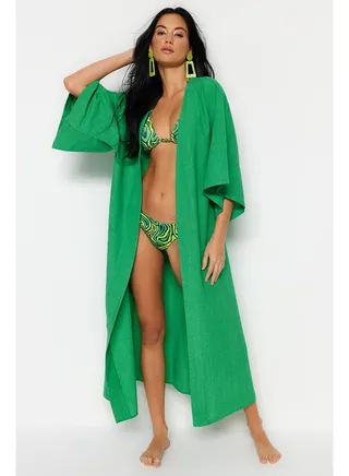Green Belted Maxi Woven Linen Look Kimono & Kaftan TBESS23KM00058 