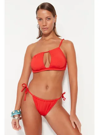 Red One Shoulder Cut Out/Window Bikini Top TBESS23BU00339 