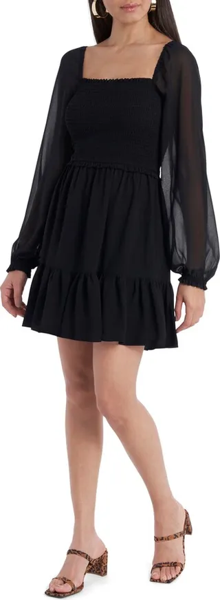 Smock Bodice Ruffle Hem Long Sleeve Minidress