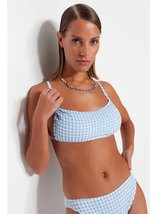 Blue Gingham Textured Strapless Tunnel Bikini Top TBESS23BU00144 