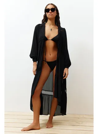 Black Tropical Patterned Maxi Chiffon Kimono & Kaftan with Woven Ribbon Accessories TBESS23KM00002 