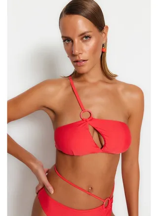 Red One Shoulder Cut Out/Window Bikini Top TBESS23BU00135 
