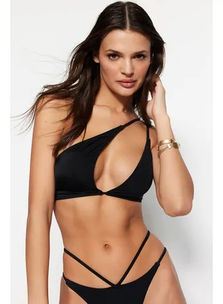 Black One Shoulder Cut Out/Window Bikini Top TBESS23BU00032 